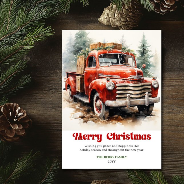 Classic rustic Christmas scene red car design Julkort (Classic rustic Christmas scene red car design)
