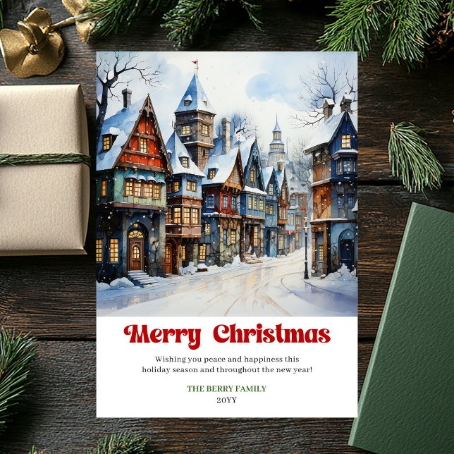 Classic rustic Christmas scene winter watercolor  Julkort (Classic rustic Christmas scene winter watercolor art)