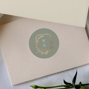 Classic Sage & Cream Monogram Guld Vapensköld Bröl Runt Klistermärke