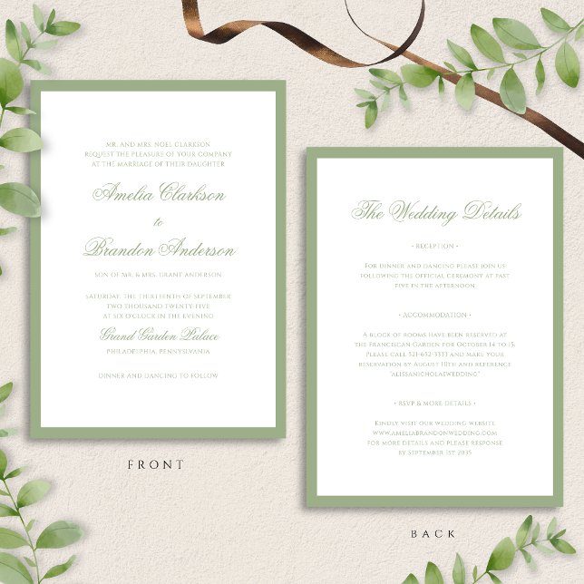 Classic Sage Green Border Script Wedding Details & Inbjudningar (Skapare uppladdad)