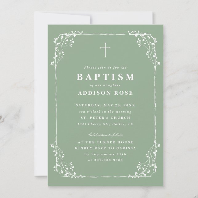 Classic Sage Green Dainty Floral Frame Baptism Inbjudningar (Framsida)