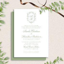 Classic Sage Green Floral Monogram Crest Wedding Inbjudningar