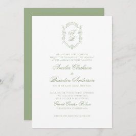 Classic Sage Green Floral Monogram Crest Wedding Inbjudningar