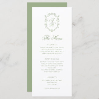 Classic Sage Green Floral Monogram Crest Wedding Meny