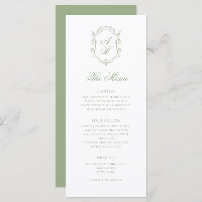 Classic Sage Green Floral Monogram Crest Wedding Meny (Fram/baksida)