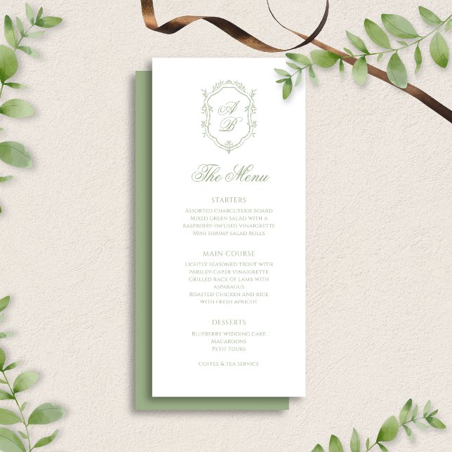 Classic Sage Green Floral Monogram Crest Wedding Meny (Skapare uppladdad)