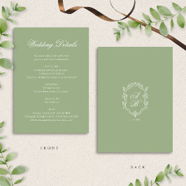 Classic Sage Green Monogram Crest Wedding Details Tilläggskort