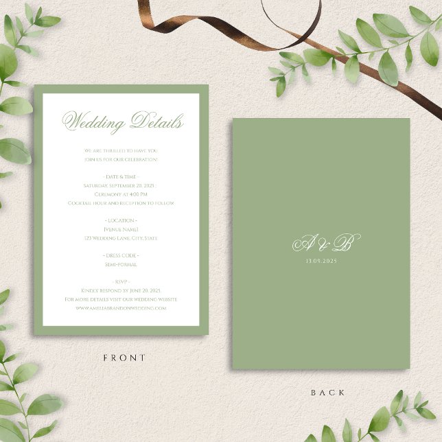 Classic Sage Green Monogram Script Wedding Details Tilläggskort (Skapare uppladdad)