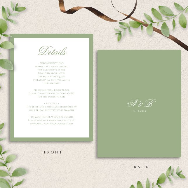 Classic Sage Green Monogram Script Wedding Details Tilläggskort (Skapare uppladdad)