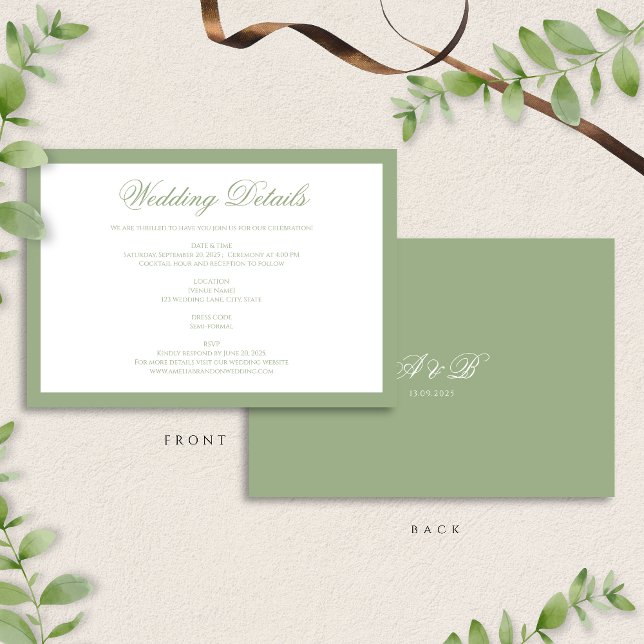 Classic Sage Green Monogram Script Wedding Details Tilläggskort (Skapare uppladdad)