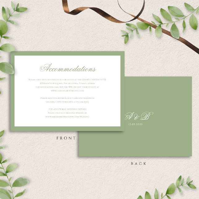 Classic Sage Green Monogram Wedding Accommodation Tilläggskort (Skapare uppladdad)