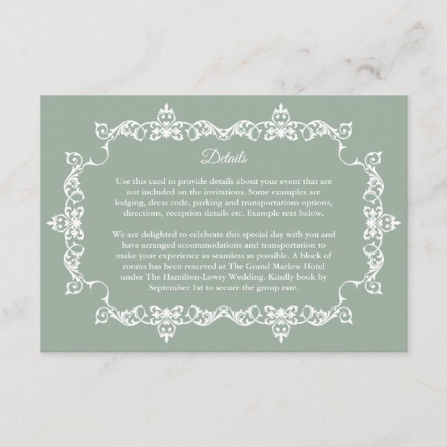 Classic Sage Green Ornately Framed Wedding Tilläggskort (Framsida)