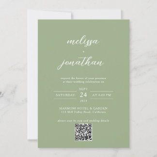 Classic Sage Green Photo Monogram QR Code Wedding Inbjudningar