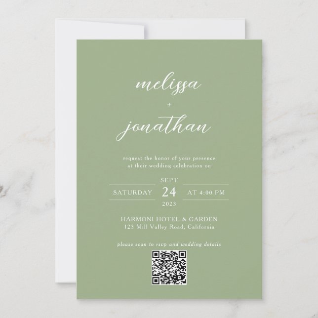 Classic Sage Green Photo Monogram QR Code Wedding Inbjudningar (Framsida)