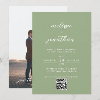 Classic Sage Green Photo Script QR Code Wedding Inbjudningar