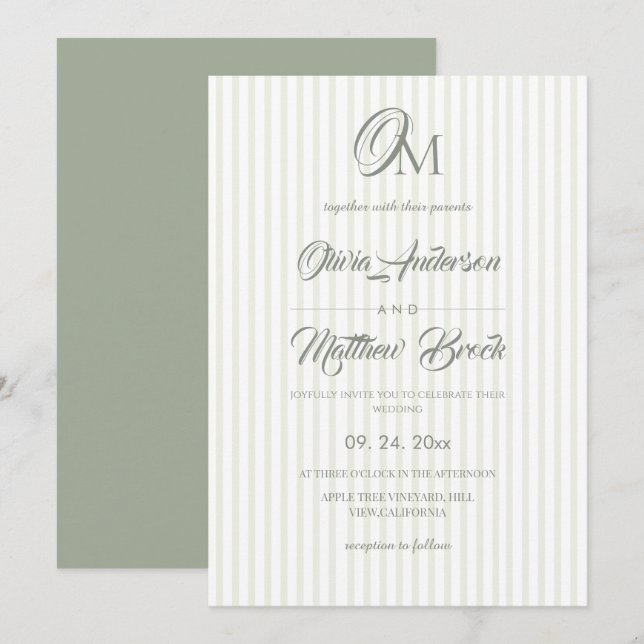 Classic Sage Green Stripe Wedding Inbjudningar (Fram/baksida)