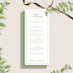Classic Sage Green & White Border Script Wedding Meny<br><div class="desc">This classic wedding menu features a soft sage green and white color palette with an elegant border and timeless script typography. Designed with a refined front-and-back layout, the front showcases your curated menu while the coordinating back adds a polished, finished look to each card. Perfect for formal, garden, and classic...</div>