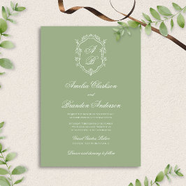 Classic Sage Green & White Monogram Crest Wedding Inbjudningar