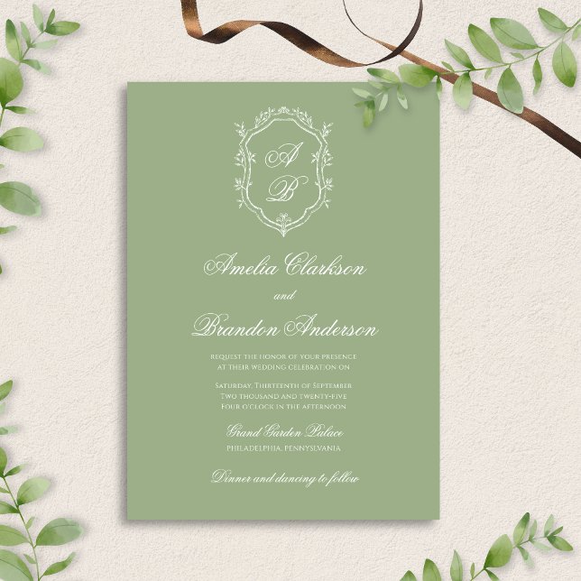 Classic Sage Green & White Monogram Crest Wedding Inbjudningar (Skapare uppladdad)