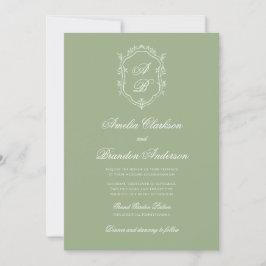 Classic Sage Green & White Monogram Crest Wedding Inbjudningar
