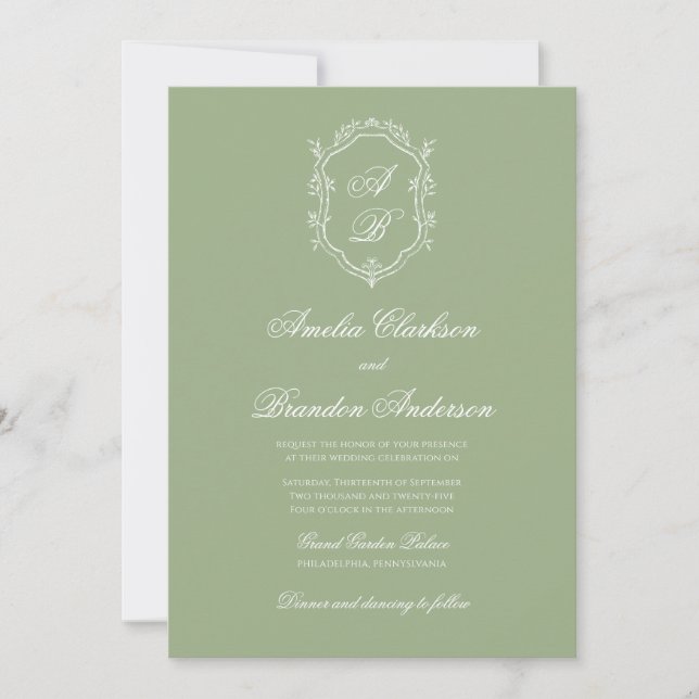Classic Sage Green & White Monogram Crest Wedding Inbjudningar (Framsida)