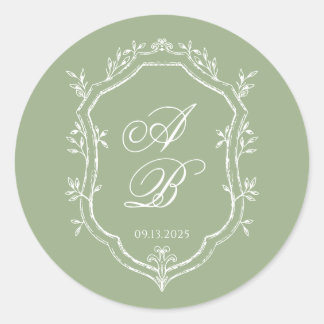 Classic Sage Green & White Monogram Crest Wedding Runt Klistermärke
