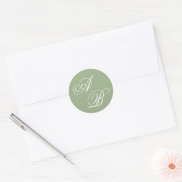 Classic Sage Green & White Monogram Script Wedding Runt Klistermärke