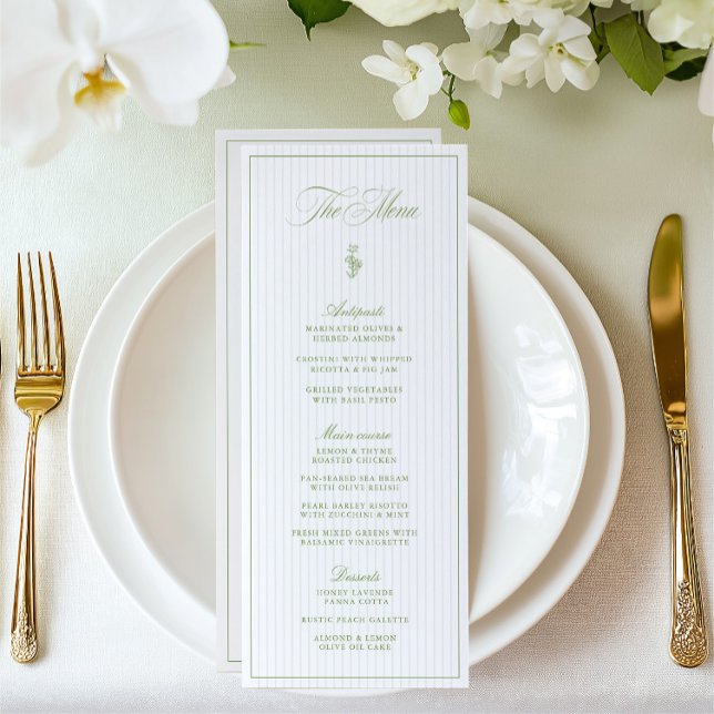 Classic Sage Grönt & Beige Stripe Bröllop Menu Meny (Classic Sage Green & Beige Striped Wedding Menu)