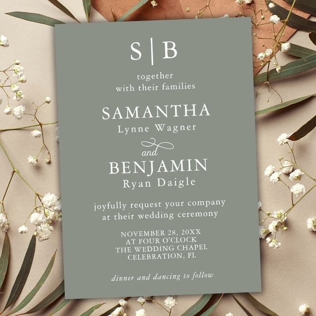 Classic Sage Grönt Monogram Initialer Bröllop Inbjudningar (Skapare uppladdad)