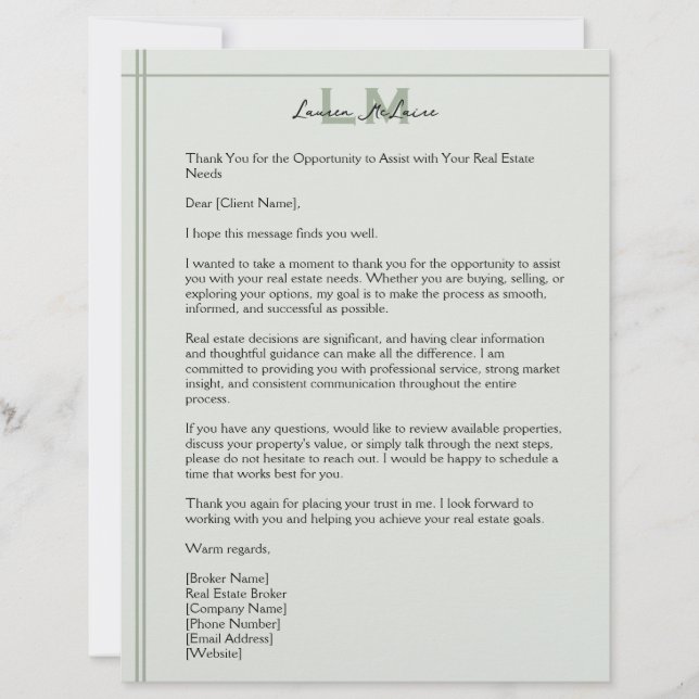 Classic Sage Realtor Client Correspondence Letter Brevhuvud (Framsida)