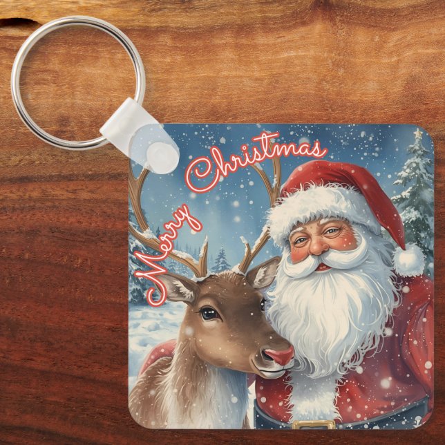 Classic Santa and Reindeer Keychain | Merry Christ Nyckelring (Framsida)