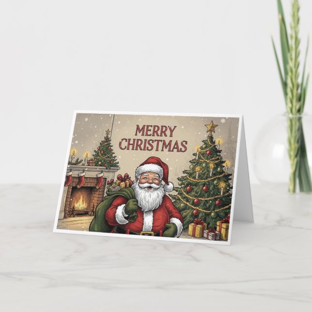 Classic Santa by Fireplace "Merry Christmas" Kort (Framsida)