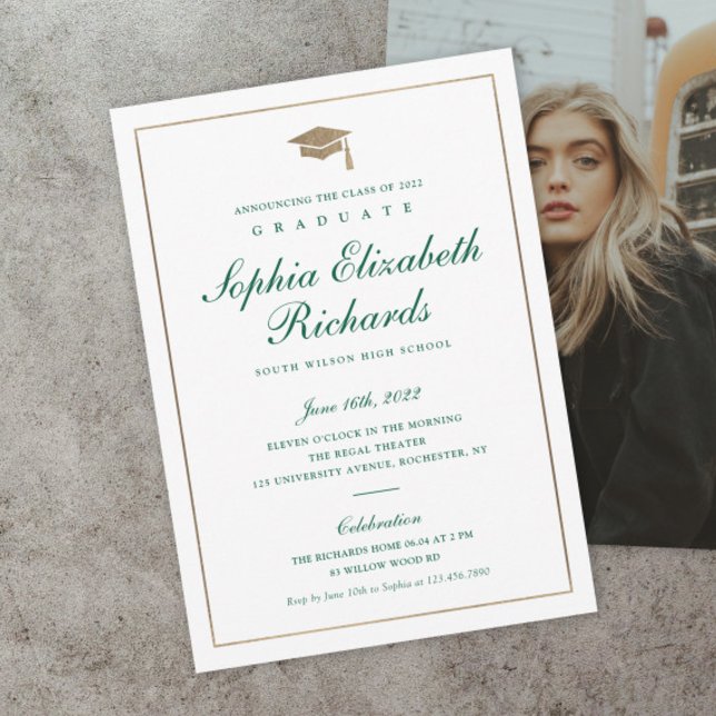 Classic Script Gold Photo Graduation Invitation Inbjudningar (Classic green and gold script formal photo graduation invitations.)