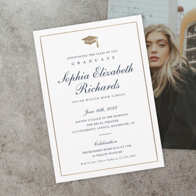 Classic Script Gold Photo Graduation Invitation Inbjudningar (Classic navy blue and gold script formal photo graduation invitations.)