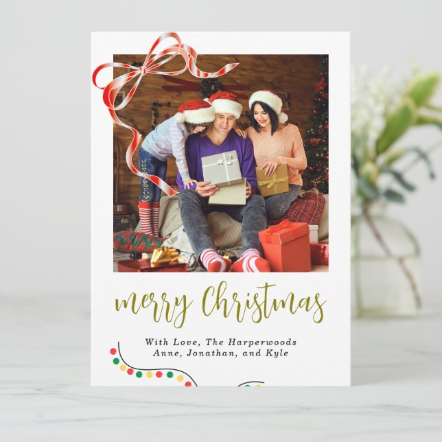 Classic Script Merry Christmas Ribbon Accent  Julkort (Stående Fram)