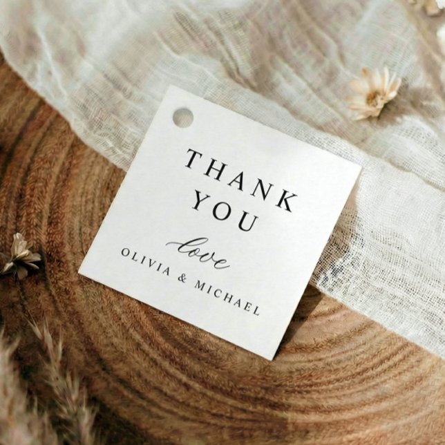 Classic Simple Minimalist Wedding Thank You Gåvor Etiketter (Square wedding favor tags in black and white with clean design and formal look)