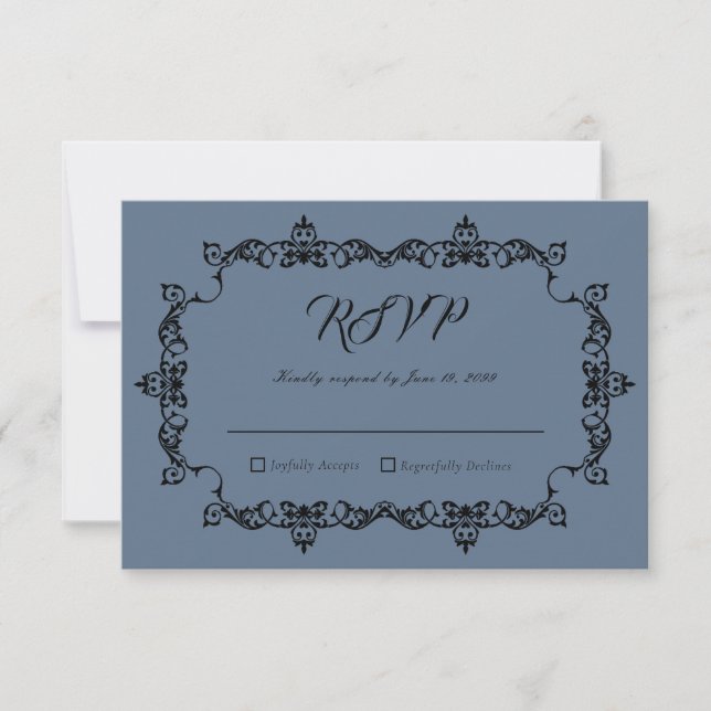 Classic Slate Blue Ornately Framed Wedding OSA Kort (Framsida)