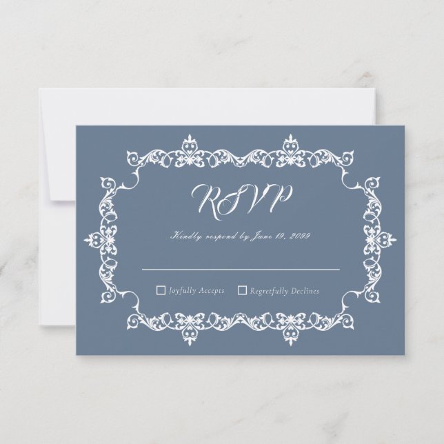 Classic Slate Blue Ornately Framed Wedding OSA Kort (Framsida)