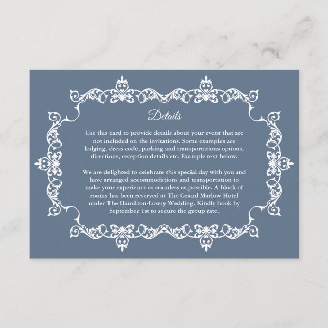 Classic Slate Blue Ornately Framed Wedding Tilläggskort (Framsida)