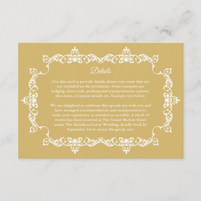 Classic Soft Gold Ornately Framed Wedding Tilläggskort (Framsida)