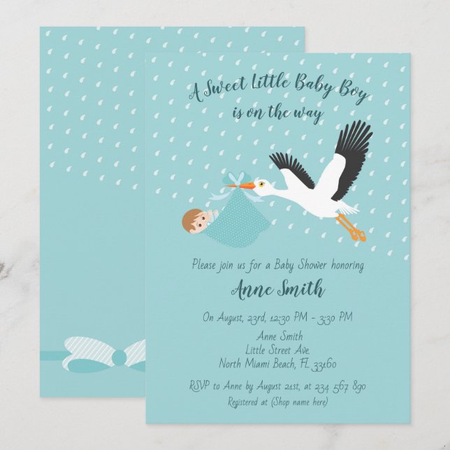 Classic Stork Pojke Shower-inbjudan Inbjudningar (Fram/baksida)