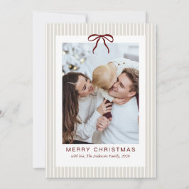 Classic Stripes Red Bow Frame Christmas Photo Julkort