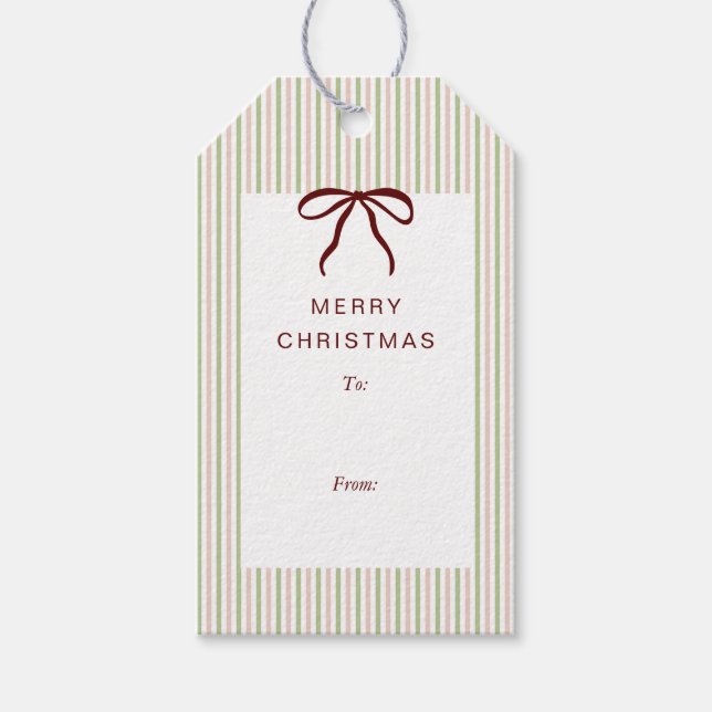 Classic Stripes Red Bow Merry Christmas Presentetikett (Framsidan)