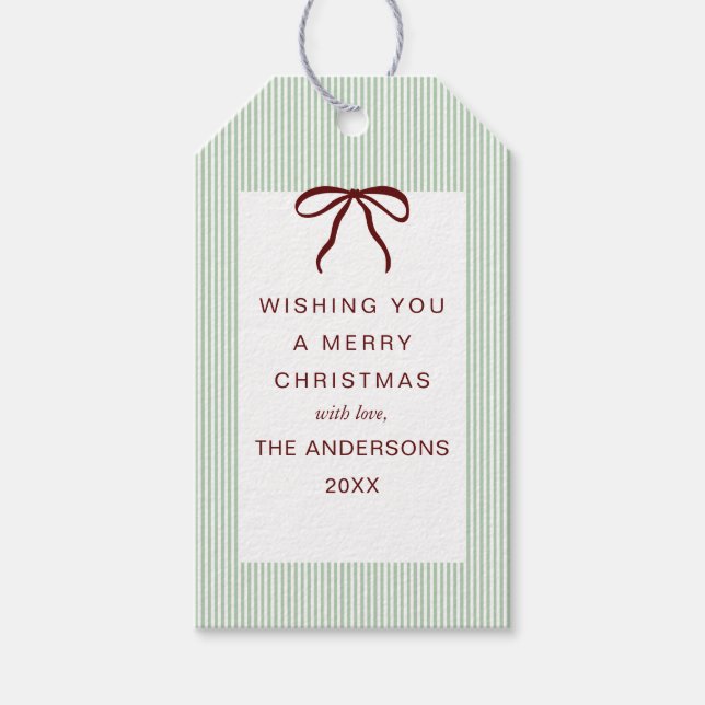 Classic Stripes Red Bow Merry Christmas Presentetikett (Framsidan)