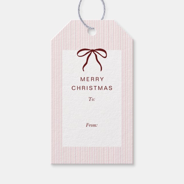 Classic Stripes Red Bow Merry Christmas Presentetikett (Framsidan)
