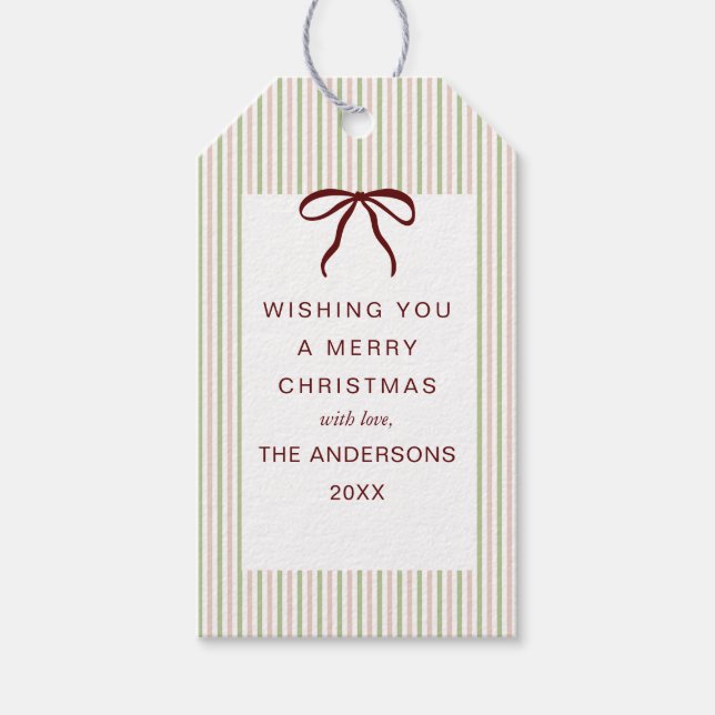 Classic Stripes Red Bow Merry Christmas Presentetikett (Framsidan)