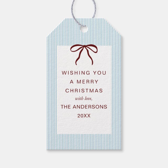 Classic Stripes Red Bow Merry Christmas Presentetikett (Framsidan)