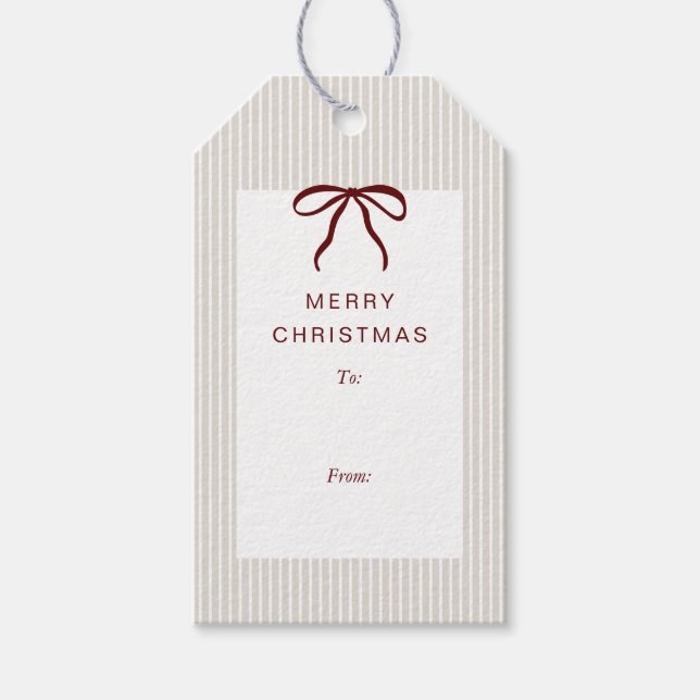 Classic Stripes Red Bow Merry Christmas Presentetikett (Framsidan)