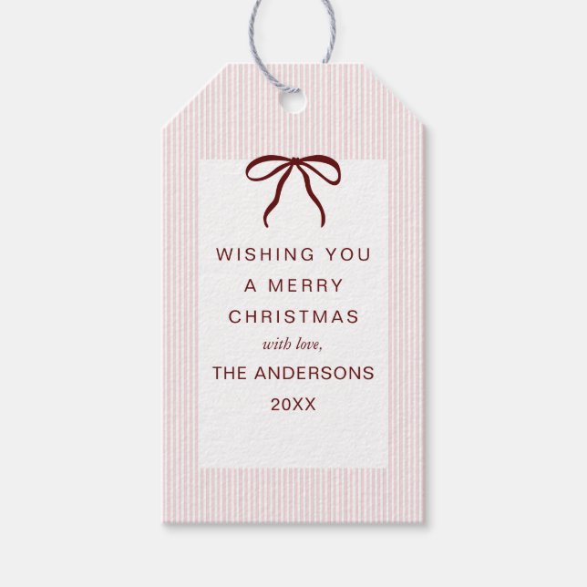 Classic Stripes Red Bow Merry Christmas Presentetikett (Framsidan)