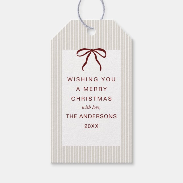 Classic Stripes Red Bow Merry Christmas Presentetikett (Framsidan)